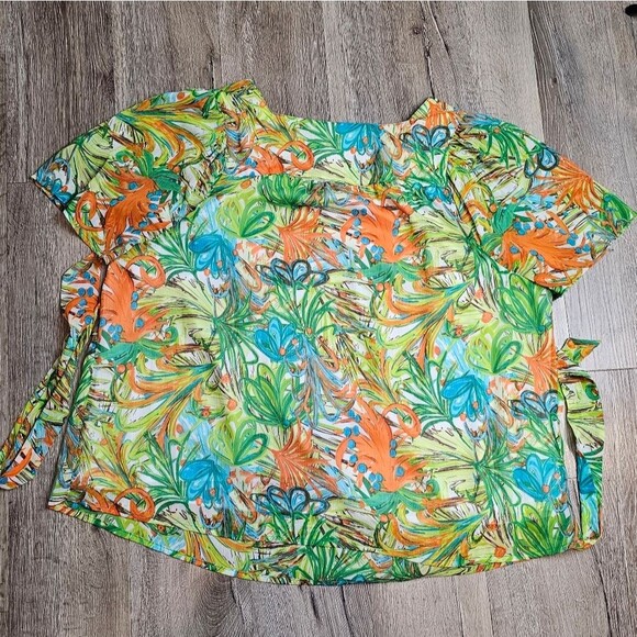 CJ BANKS Tropical Flowy Blouse Bright Happy Print Chiffon Flutter Sleeve Top 1X - Picture 8 of 8